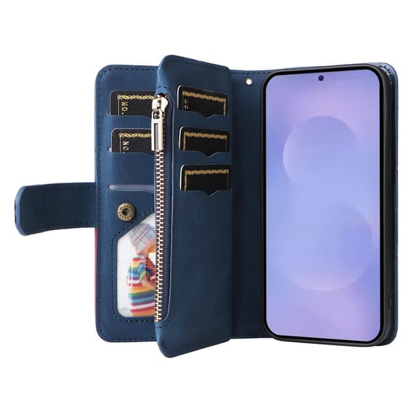 Til Samsung Galaxy S26 Pungcover med Lynlås og Håndledsrem Stander Blue