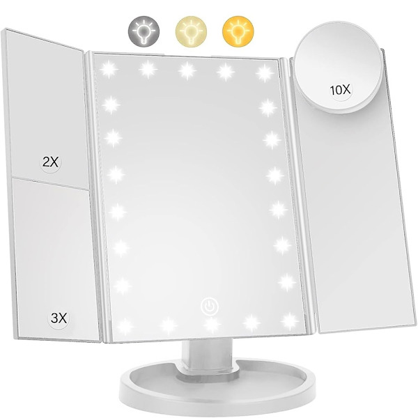 3-Sided Folding Makeup Mirror med Dimbar Lys 22LED Bordsspeil - Hvit White