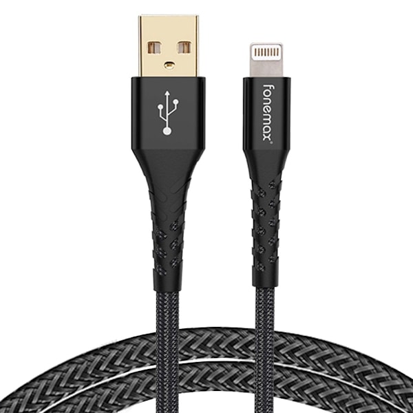 FONEMAX MFi-sertifisert 2m USB til Lightning-datakabel 3A hurtiglading Black