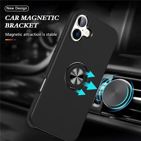 Til iPhone 17 Finger Ring Kickstand Hybrid Taske Black