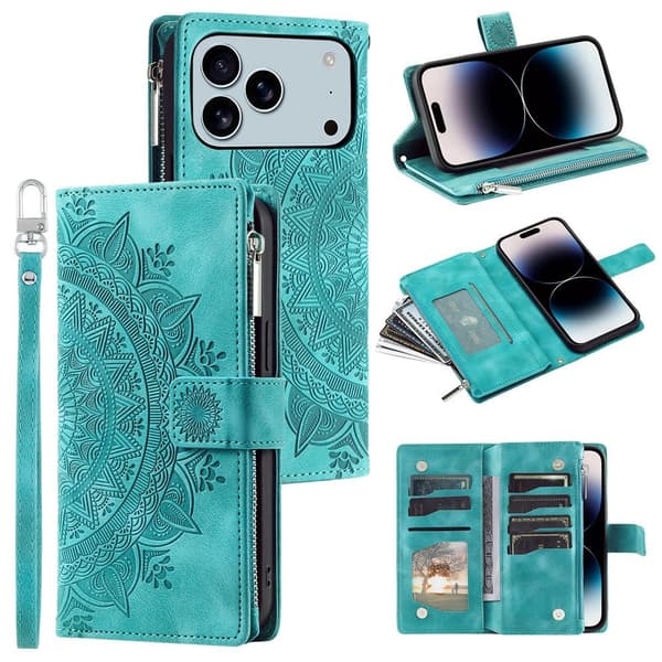 Pungetui kompatibelt med iPhone 17 Pro Max cover etui mandala blomstermønster - minst Green