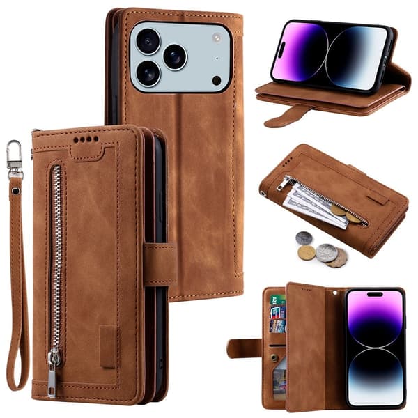 Til iPhone 17 Pro Max Etui med Lynlåslomme og 9 Kortlommer Brown