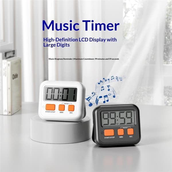 Timer med musik och stor LCD-display – magnetisk, för kök, bakning och träning Vit