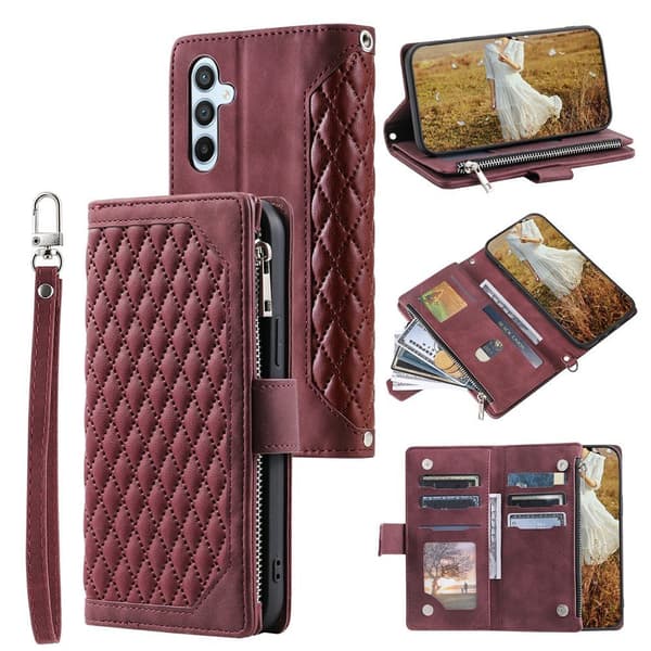 För Samsung Galaxy S26 5G Zipper Wallet Case Rhombus Telefonfodral Röd