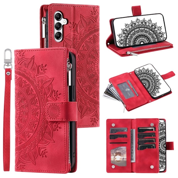 For Samsung Galaxy A56 Lommebok Deksel Shell Mandala Blomstermønster - Rød Red