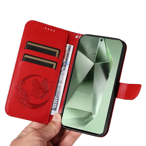 Til Samsung Galaxy S24 FE Etui Stand Tegnebog Etui Sommerfuglemønster Red