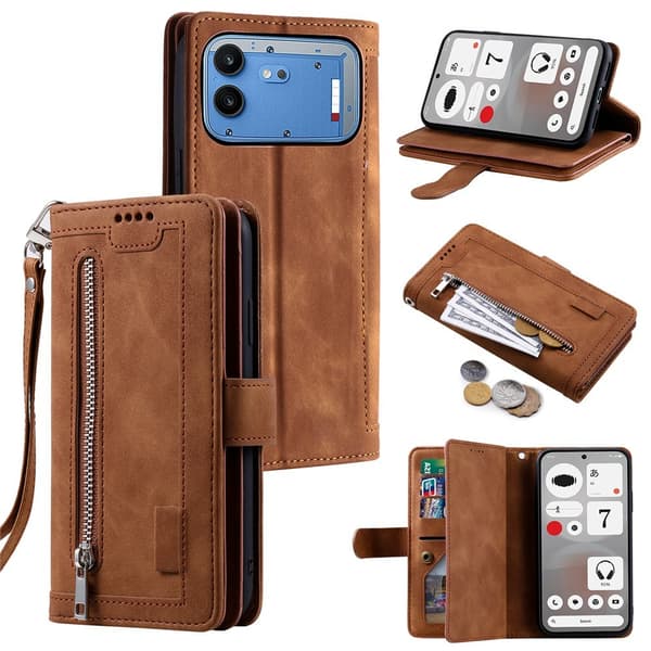 Puhelinkotelo korttipaikoilla ja rannehihnalla Nothing Phone (4b):lle Brown