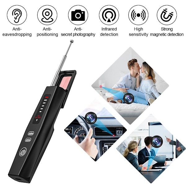RF-signaldetektor GPS WiFi Tracker Kamera Buggdetektor Anti-spion infraröd skanner Svart