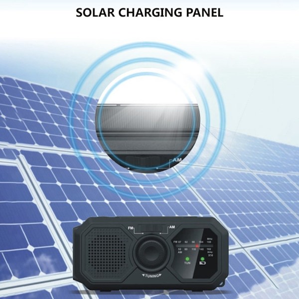 Väder AM / FM Radio Solar Handvev 1200mAh PowerBank ficklampa Svart