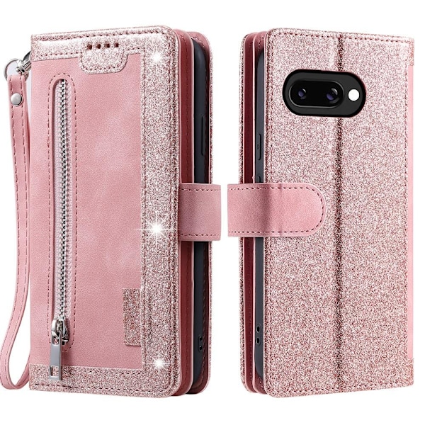 Til Google Pixel 9A Etui med Lynlåslomme og 9 Kortlommer – RoseGold Pink gold