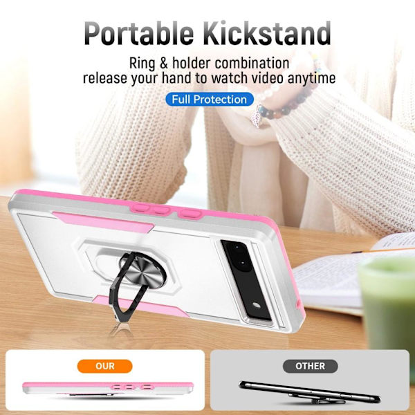 Google Pixel 6A iskunkestävä TPU+PC Kickstand -puhelinkotelo autoteline metallilevy - valkoinen/vaaleanpunainen White