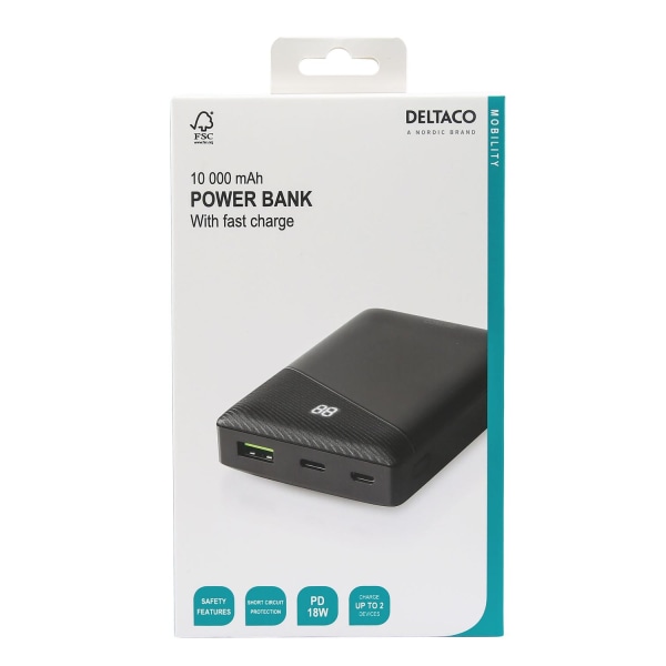 Powerbank 10 000 mAh, 1x USB-C PD, 1x USB-A hurtiglading Black