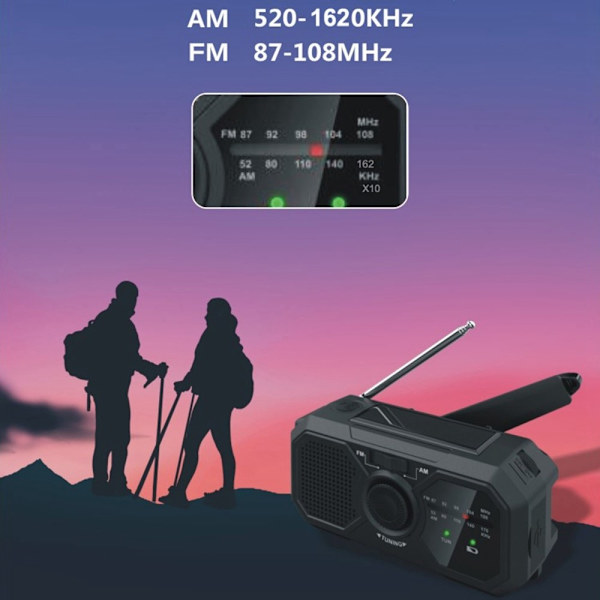 Väder AM / FM Radio Solar Handvev 1200mAh PowerBank ficklampa Svart