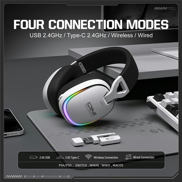 ONIKUMA GT805 Gaming Headset 4 Moduser Trådløst/Kablet Over-Ear RGB - Hvit White