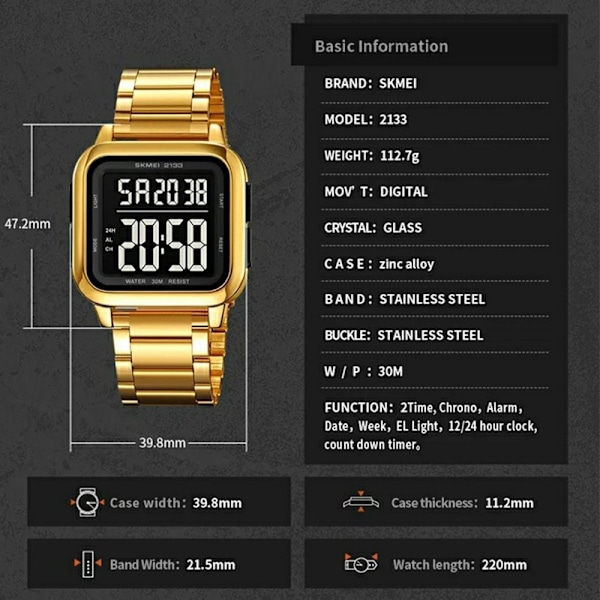 SKMEI Digital Elektronisk Armbåndsur Klokke Stålrem Firkant - Gull Gold