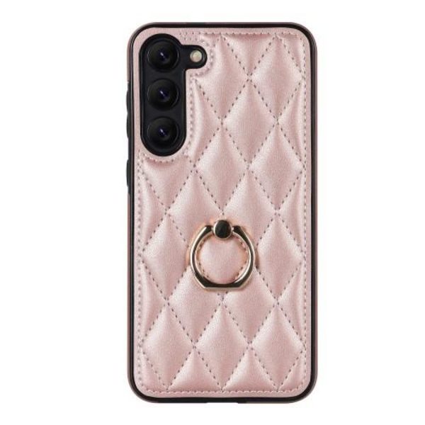För Samsung Galaxy S23 Rhombus Grid Mönster Skal FingerRing - Rose Gold Rosa guld