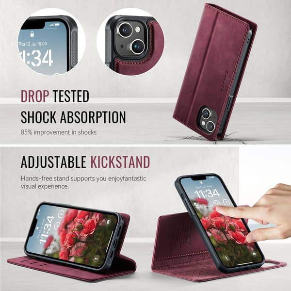 CASEME Til iPhone 15 Lommebokdeksel Magnetisk Avtakbar RFID Beskyttelse Red