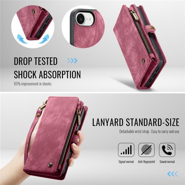Til iPhone 17e og iPhone 16e Mobildeksel CASEME Avtakbar Lommebok med Stropp Red