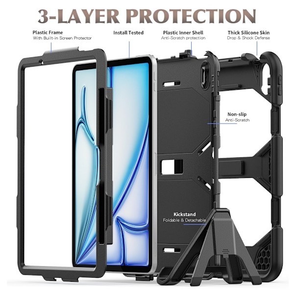 Til iPad Air 11 (2024) Cover med Skærmbeskytter og Stativ PC+Silikone - Sort Black