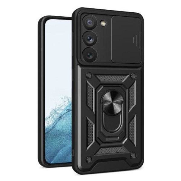 Samsung Galaxy S23 Iskunkestävä TPU+PC Kickstand Puhelinkotelo Autoteline Metallilevy - Musta Black