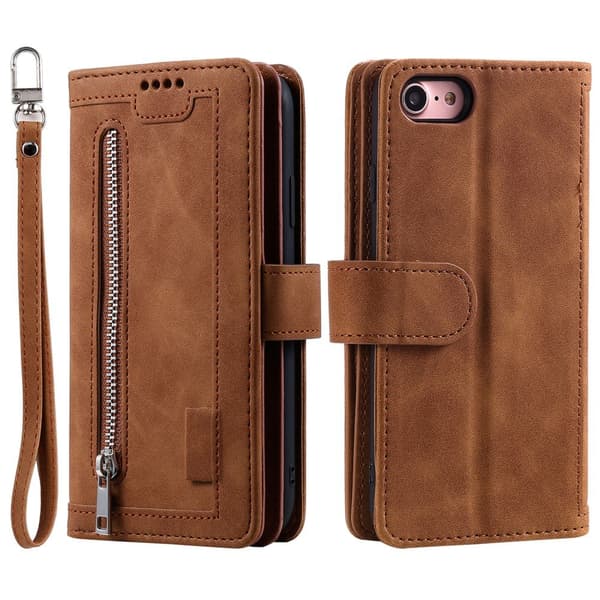 Til iPhone 17e / 16e Etui med Lynlåslomme og 9 Kortlommer Brown