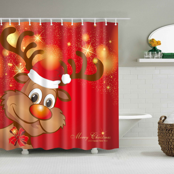 Shower Curtain Halloween Home Decor - Reindeer with Santa Claus hat Red