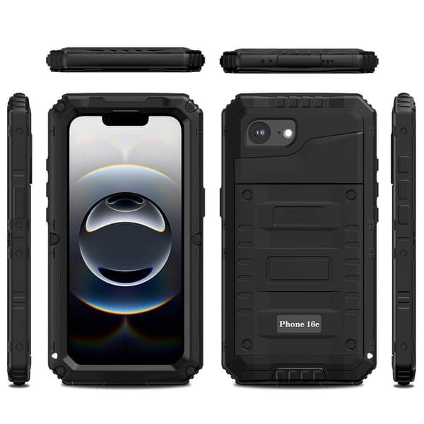 IP68 vanntett deksel til iPhone 17e / 16e metall + silikon med skjermbeskytter Black