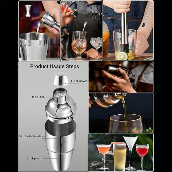 Cocktailset 7 delar shaker mått jigger muddler barsked hällpipar receptbok Silver