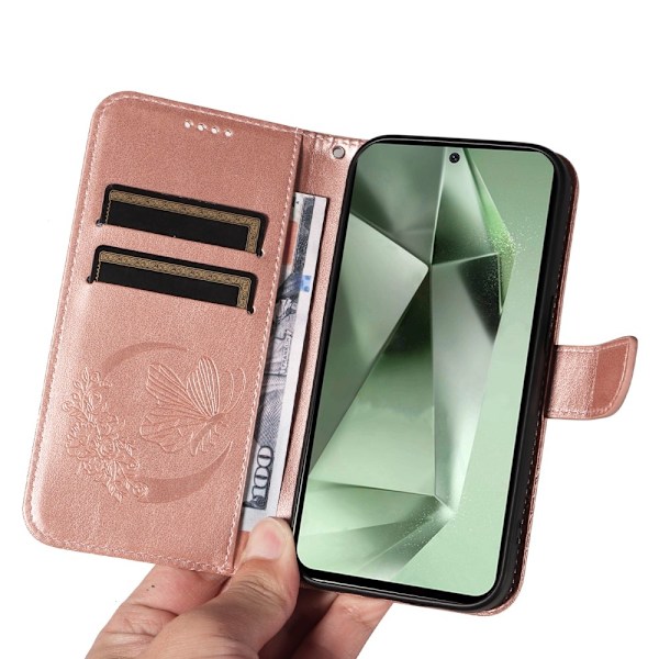 Etui med stativ, lommebok og sommerfuglmønster til Samsung Galaxy S24 FE Pink gold