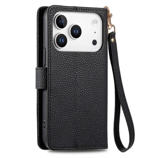 For iPhone 17 Pro Max Deksel RFID-blokkering Glidelåslomme Lommebokdeksel med Stropp Black