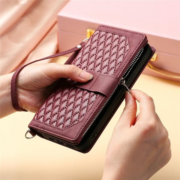 För Samsung Galaxy S26 5G Zipper Wallet Case Rhombus Telefonfodral Röd