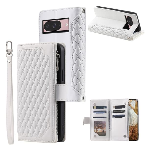 Til Google Pixel 10 Pro / 10 / 9 Pro / 9 Zipper Wallet Case Rhombus Telefoncover White