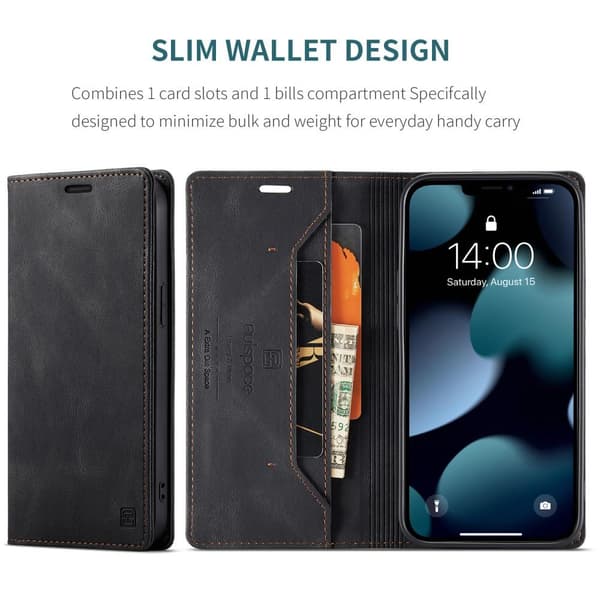 AUTSPACE A01 Retro Lommebokveske for iPhone 13 Pro Max - Svart Black