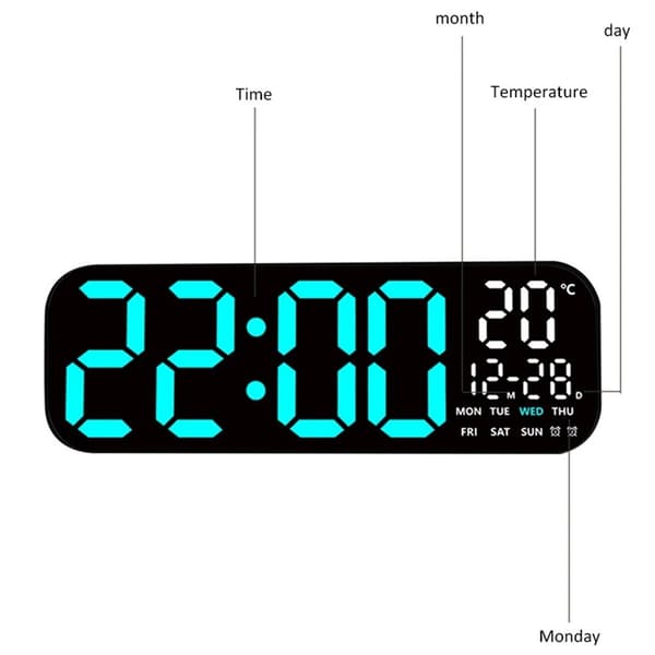 Stor LED-klocka 19,5" Väggklocka multifunktion kalender termometer fjärrkontroll Svart