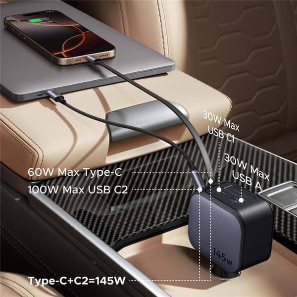 UGREEN 100W hurtig oplader bil (USB-A + 2 USB-C-porte) med indtrækkeligt 60W USB-C-kabel Black