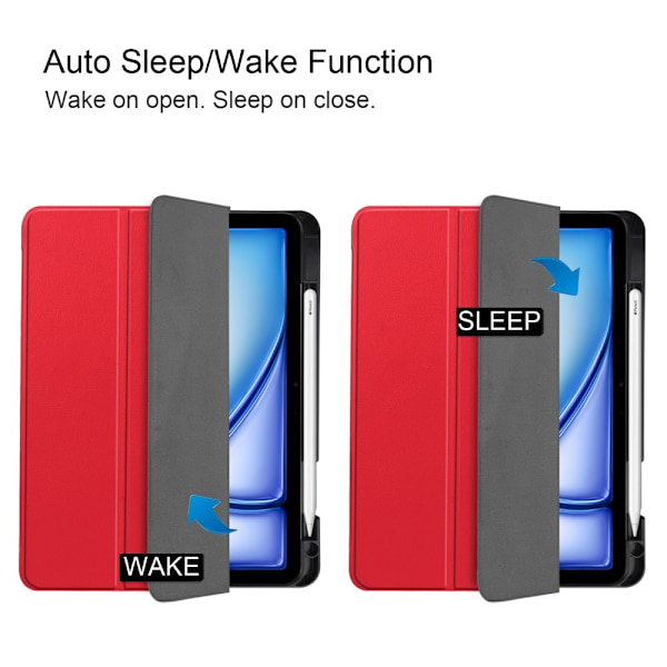 Til iPad Air 11 (2024) Etui Tre-fold Stativ Tablet Cover med Pen Holder Red