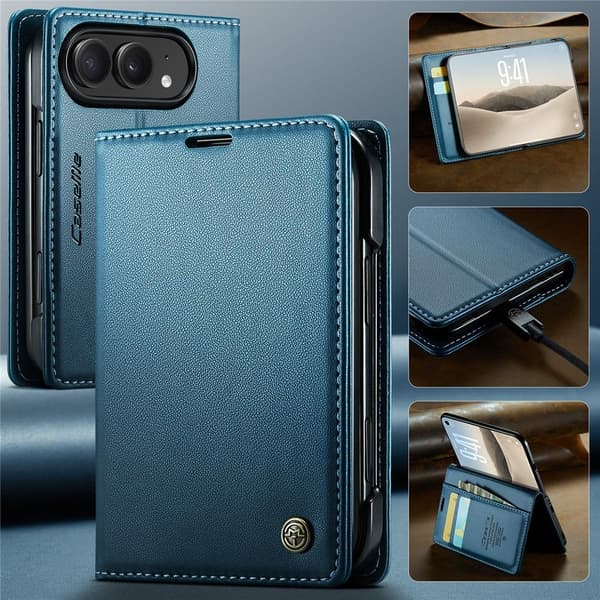 CASEME Telefonpungcover med blank litchi tekstur til iPhone Duo Blue