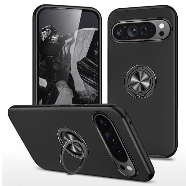 Google Pixel 9 / Pixel 9 Pro sormenrengasjalustan hybridikotelo - musta Black