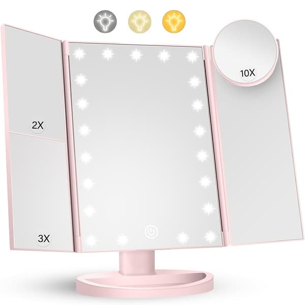 3 - sidet sammenfoldelig makeup spejl, der kan dæmpes lys 22LED bordspejl - Lyserød Pink