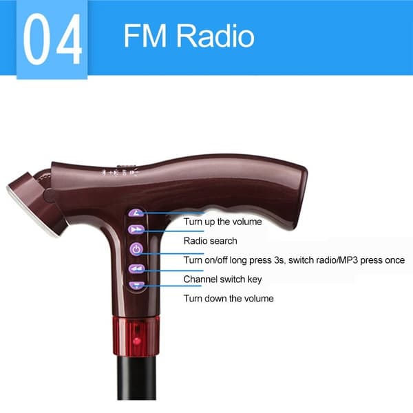 Justerbar Käpp Gångkäpp LED Ljus FM-radio MP3 Smart säkerhetskäpp med fall-larm Svart