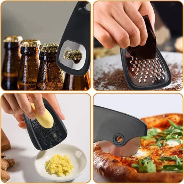 6-i-1 Pizzakutter, Boksåpner, Hvitløksmåler, Skreller osv. Black