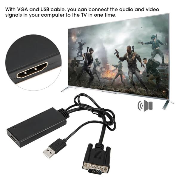 VGA + USB til HD-konverter HD-videoadapter med lyd USB-strømforsyning Black