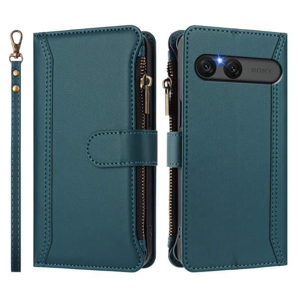 Til Sony Xperia 10 VII Etui med 9 kortpladser, lynlåspung og stativ Green