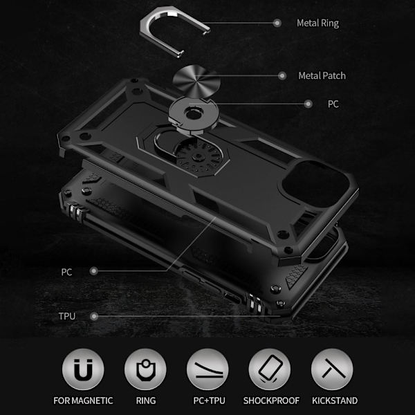 iPhone 14 Iskunkestävä TPU+PC Kickstand Puhelinkotelo Autoon kiinnitettävä metallilevy - musta Black