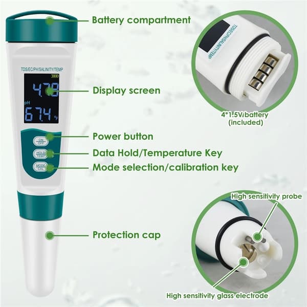 Tester Vannkvalitetspenn Digital pH EC TDS Salinitetsmåler Analyzer Green