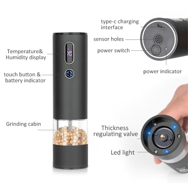 Salt- og pepperkvern med batteri og LED-lys Black