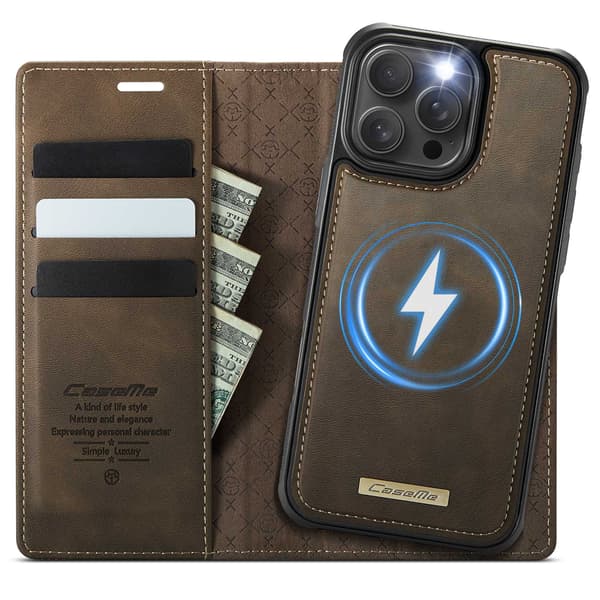 CASEME Til iPhone 15 Pro Lommebokdeksel Magnetisk Avtakbar RFID Beskyttelse - Coffee Brown