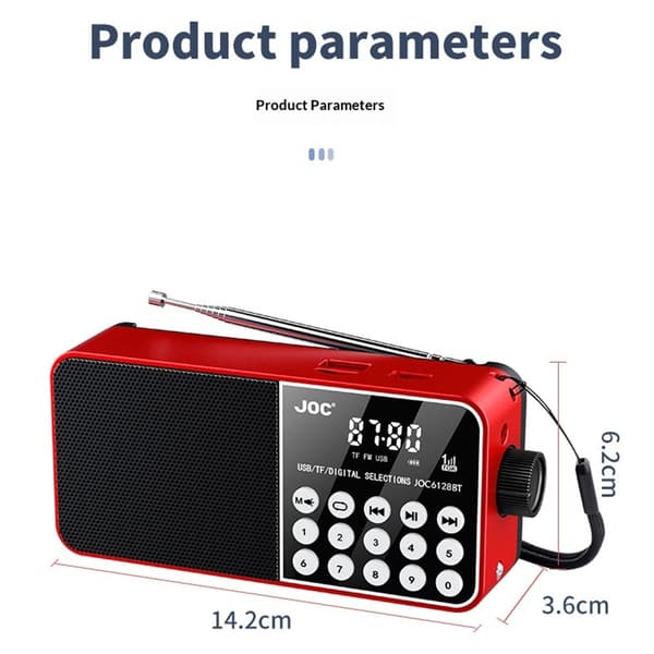 6128BT digital radio med LED-display, nødlys, Bluetooth-støtte og TF-kortleser. Red