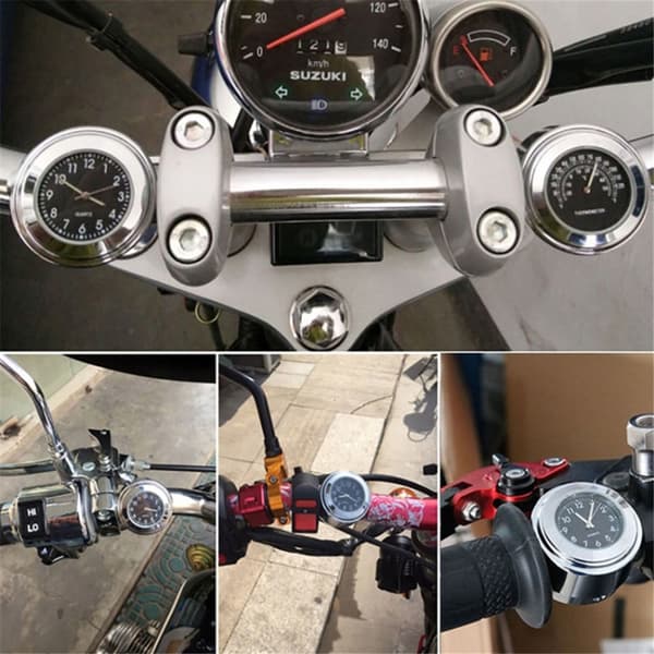 Klocka För Motorcykel 22-25.4mm Styre Lysande - Silver Skal Vit Urtavla Silver