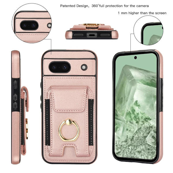 For Google Pixel 8a Kickstand Case Phone Cover with Card Slots - Rose Gold Black
